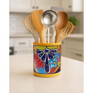 Medium Ceramic Utensil Holder Marigold Yellow Hand Painted Mexican Pottery Crock